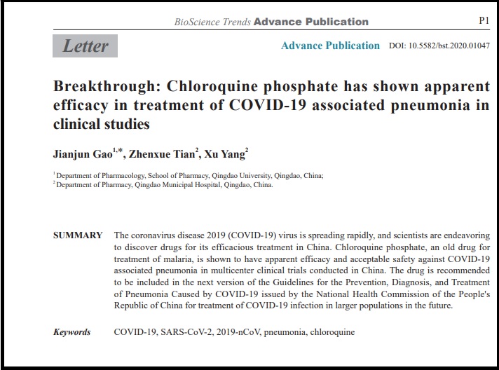  Chloroquine phosphate has shown apparent efficacy in treatment of COVID-19 associated pneumonia in clinical studies 