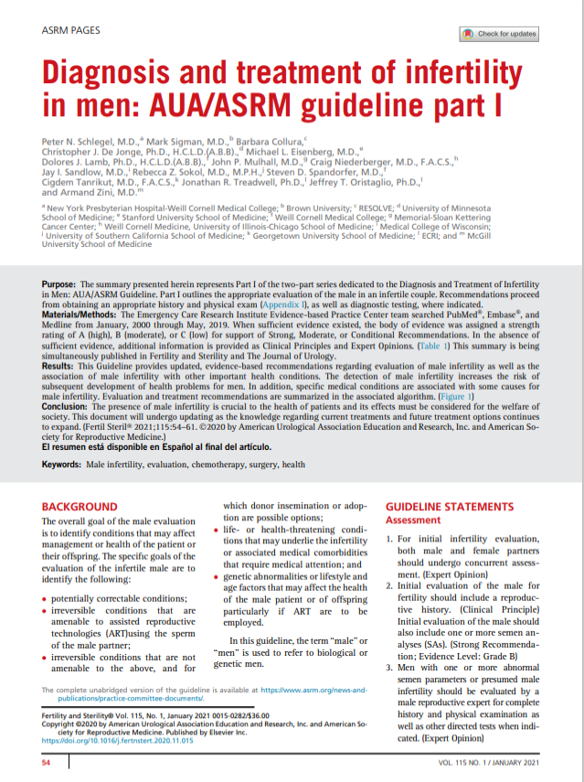 Diagnosis and treatment of infertility in men: AUA/ASRM guideline
