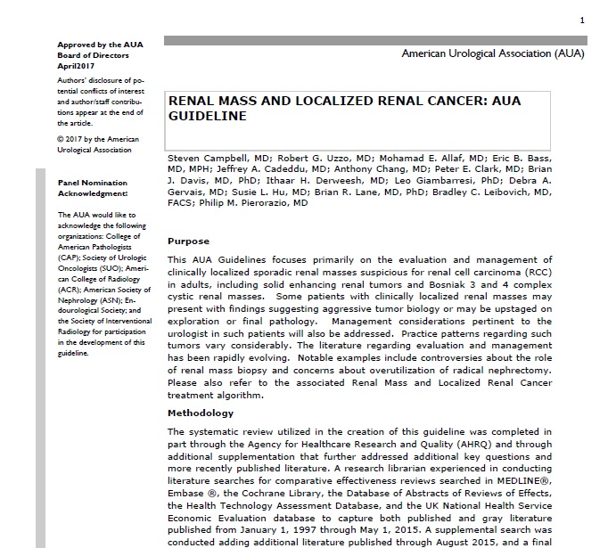 RENAL MASS AND LOCALIZED RENAL CANCER: AUA GUIDELINE