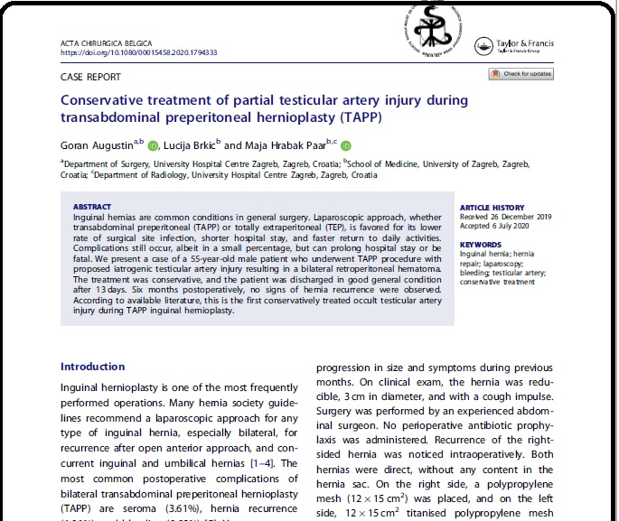 Conservative treatment of partial testicular artery injury during transabdominal preperitoneal hernioplasty (TAPP)